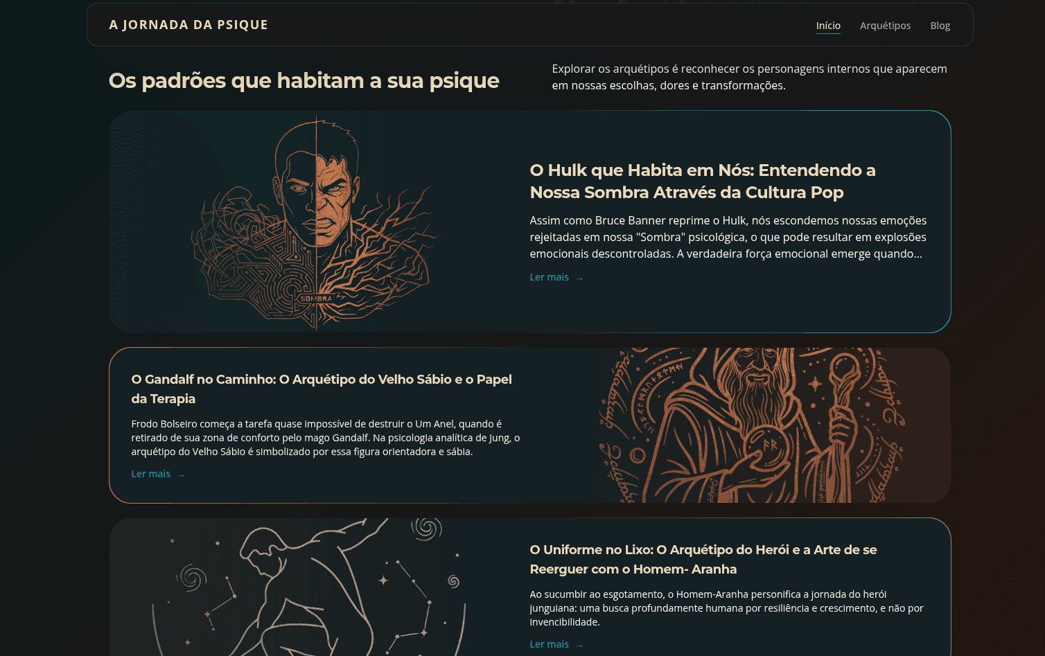 Visão geral da página de artigos do A Jornada da Psique.